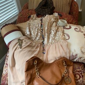 Cream Sequins on top, Sheer Cocktail Dress